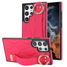 Per Samsung Galaxy S22 Ultra Custodia per telefono in PU con anello a copertura totale antiscivolo con cinturino (rosa rossa)
