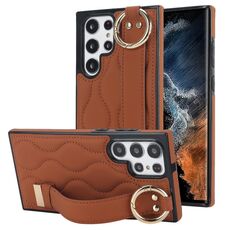 Per Samsung Galaxy S22 Ultra Custodia per telefono in PU ad anello a copertura totale antiscivolo con cinturino (marrone)