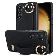 Per Samsung Galaxy S23+ Custodia antiscivolo per telefono in PU con anello a copertura totale con cinturino (nero)