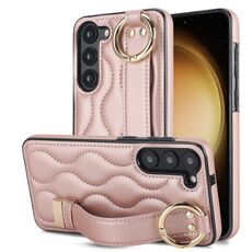 Per Samsung Galaxy S23+ Custodia antiscivolo per telefono in PU con anello a copertura totale con cinturino (oro rosa)