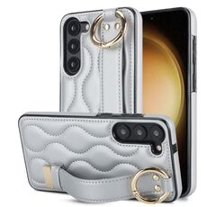 Per Samsung Galaxy S23+ Custodia antiscivolo per telefono in PU con anello a copertura totale con cinturino (argento)