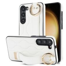 Per Samsung Galaxy S23+ Custodia antiscivolo per telefono in PU con anello a copertura totale con cinturino (bianco)