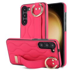 Per Samsung Galaxy S23+ Custodia antiscivolo per telefono in PU con anello a copertura totale con cinturino (rosa rossa)