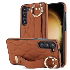 Per Samsung Galaxy S23+ Custodia antiscivolo per telefono in PU con anello a copertura totale con cinturino (marrone)