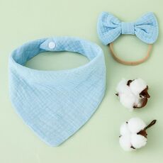 Asciugamano bava di garza di cotone per bambini + Set di fascia per capelli con fiocco Bavaglini (azzurro cielo)