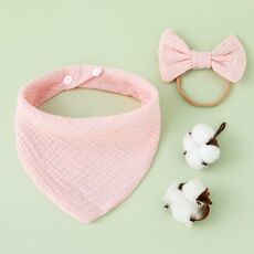 Asciugamano bava di garza di cotone per bambini + Set di fascia per capelli con fiocco Bavaglini (rosa chiaro)