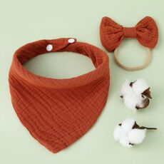 Asciugamano bava di garza di cotone per bambini + Set di fascia per capelli con fiocco Bavaglini (rosso mattone)
