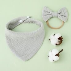 Asciugamano bava di garza di cotone per bambini + Set fascia per capelli con fiocco Bavaglini (grigio)