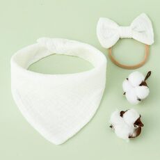 Asciugamano bava di garza di cotone per bambini + Set di fascia per capelli con fiocco Bavaglini (bianco)