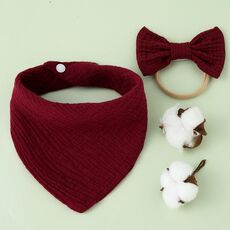 Asciugamano bava di garza di cotone per bambini + Set di fascia per capelli con fiocco Bavaglini (rosso vino)