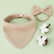 Asciugamano bava di garza di cotone per bambini + Set di fascia per capelli con fiocco Bavaglini per bambini (Khakiqi)