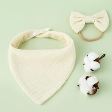Asciugamano bava di garza di cotone per bambini + set di fascia per capelli con fiocco Bavaglini (beige)