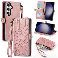 Custodia in pelle per Samsung Galaxy S23 FE 5G con cerniera geometrica e fibbia laterale (rosa)