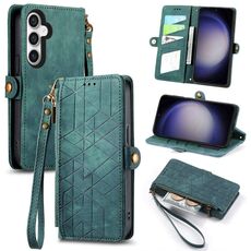 Custodia in pelle per Samsung Galaxy S23 FE 5G con cerniera geometrica e fibbia laterale (verde)