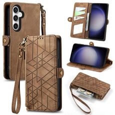 Custodia in pelle per Samsung Galaxy S23 FE 5G con cerniera geometrica e fibbia laterale (marrone)