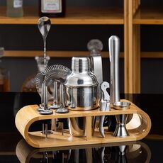 Set da barista 12 in 1 in acciaio inossidabile con base ovale in legno, strumenti per barman, stile: 350 ml