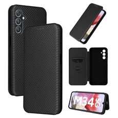 Per Samsung Galaxy M34 5G Custodia per cellulare in pelle con texture in fibra di carbonio (nero)