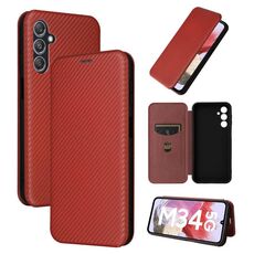 Per Samsung Galaxy M34 5G Custodia per cellulare in pelle con texture in fibra di carbonio (marrone)