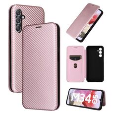 Per Samsung Galaxy M34 5G Custodia per cellulare in pelle con texture in fibra di carbonio (rosa)