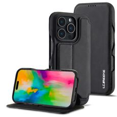 LC.IMEEKE Hon Ancient Series Custodia per telefono in pelle flip per iPhone 15 (nero)