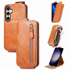 Per Samsung Galaxy S23 FE 5G Portafoglio con cerniera Custodia per telefono in pelle con vibrazione verticale (marrone)