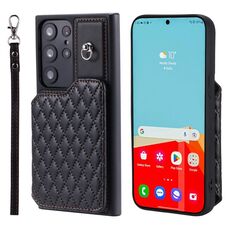 Per Samsung Galaxy S22 Ultra 5G Custodia per cellulare con carta a griglia e cordino (nero)