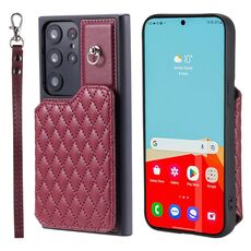 Per Samsung Galaxy S22 Ultra 5G Custodia per telefono con struttura a griglia e cordino (rosso)
