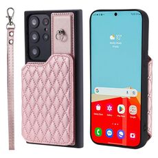Per Samsung Galaxy S22 Ultra 5G Custodia per telefono con texture a griglia e cordino (oro rosa)