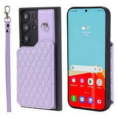 Per Samsung Galaxy S22 Ultra 5G Custodia per cellulare con carta a griglia e cordino (viola)