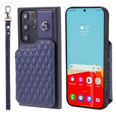 Per Samsung Galaxy S22 Ultra 5G Custodia per cellulare con carta a griglia con cordino (blu)