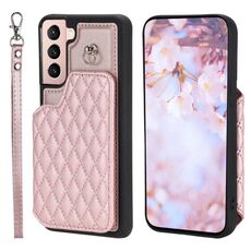 Per Samsung Galaxy S22+ 5G Custodia per telefono con struttura a griglia e cordino (oro rosa)