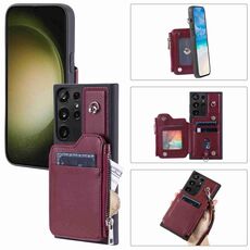 Custodia per telefono RFID con slot per schede con cerniera per Samsung Galaxy S22 Ultra 5G (vino rosso)