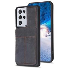 Per Samsung Galaxy S21 Ultra 5G BF28 Custodia per telefono con custodia per carta satinata con supporto (nero)