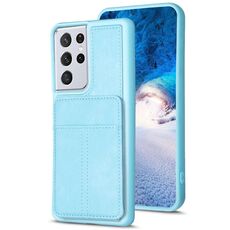 Per Samsung Galaxy S21 Ultra 5G BF28 Custodia per telefono con custodia per carta satinata con supporto (blu)