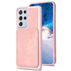 Per Samsung Galaxy S21 Ultra 5G BF28 Custodia per telefono con sacchetto per carte satinato con supporto (rosa)