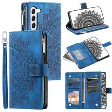 Custodia per telefono in pelle con cerniera totem multischeda per Samsung Galaxy S23+ 5G (blu)
