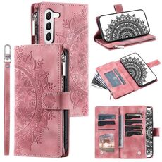 Custodia per telefono in pelle con cerniera totem multischeda per Samsung Galaxy S23+ 5G (rosa)