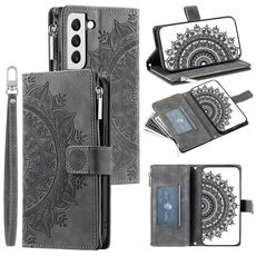 Custodia per telefono in pelle con cerniera totem multischeda per Samsung Galaxy S22+ 5G (grigio)