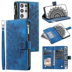 Custodia per telefono in pelle con cerniera totem multischeda per Samsung Galaxy S21 Ultra 5G (blu)