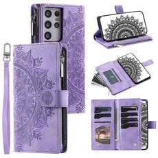 Custodia per telefono in pelle con cerniera totem multischeda per Samsung Galaxy S21 Ultra 5G (viola)