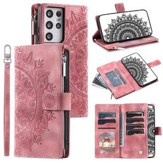 Custodia per telefono in pelle con cerniera totem multischeda per Samsung Galaxy S21 Ultra 5G (rosa)