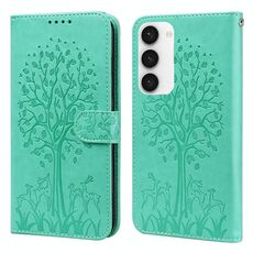 Per Samsung Galaxy S23 5G Tree & Deer Pattern Stampa pressata Custodia per telefono orizzontale in pelle a conchiglia (verde)