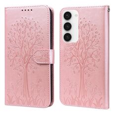 Per Samsung Galaxy S23 5G Tree & Deer Pattern Custodia per cellulare in pelle a conchiglia orizzontale con stampa pressata (rosa)