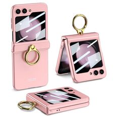 Custodia per telefono con cerniera magnetica integrata GKK per Samsung Galaxy Z Flip5 con supporto ad anello (rosa)