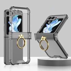 Per Samsung Galaxy Z Flip5 Custodia per cellulare in silicone con cerniera Gkk Airbag con supporto ad anello (nero trasparente)