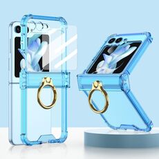 Custodia per telefono in silicone con cerniera Gkk Airbag per Samsung Galaxy Z Flip5 con supporto ad anello e pellicola temperata (blu trasparente)