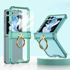 Custodia per telefono in silicone con cerniera Gkk Airbag per Samsung Galaxy Z Flip5 con supporto ad anello e pellicola temperata (verde trasparente)