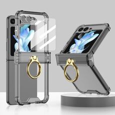 Custodia per telefono in silicone con cerniera Gkk Airbag per Samsung Galaxy Z Flip5 con supporto ad anello e pellicola temperata (nero trasparente)
