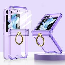 Custodia per telefono in silicone con cerniera Gkk Airbag per Samsung Galaxy Z Flip5 con supporto ad anello e pellicola temperata (viola trasparente)