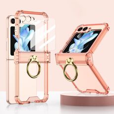 Custodia per telefono in silicone con cerniera Gkk Airbag per Samsung Galaxy Z Flip5 con supporto ad anello e pellicola temperata (arancione trasparente)